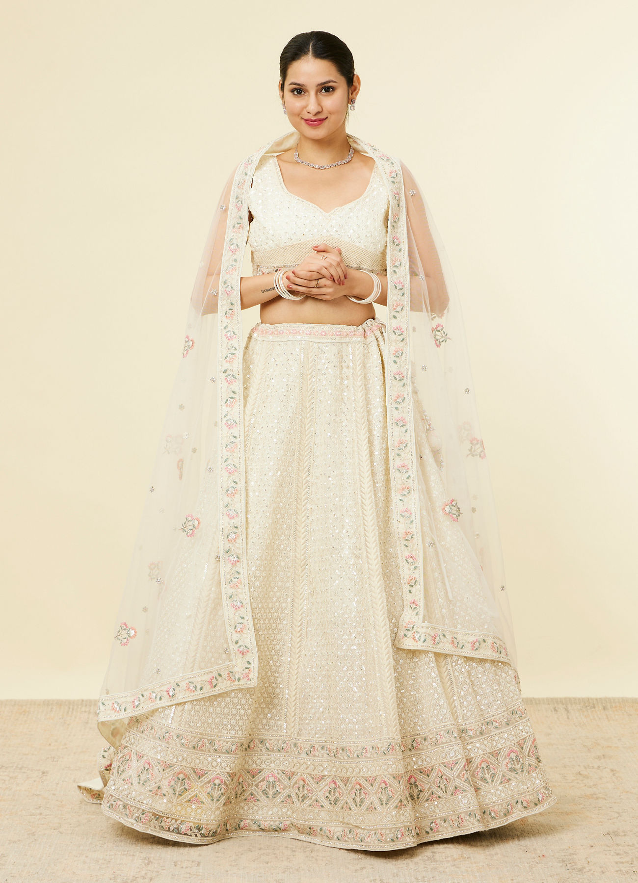 Mohey Women Dark Cream Sitara Embroidered Bridal Lehenga