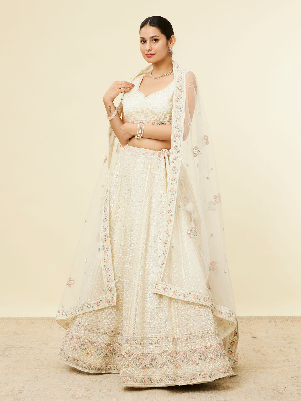 Mohey Women Dark Cream Sitara Embroidered Bridal Lehenga