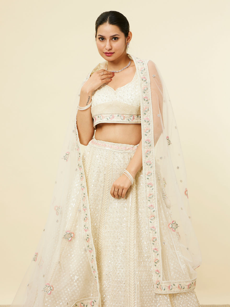 Mohey Women Dark Cream Sitara Embroidered Bridal Lehenga