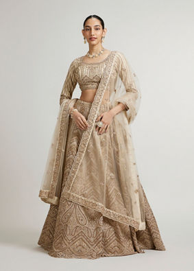 Mohey Women Sand Beige Paisley & Chevron Patterned Bridal Lehenga with Sequin Work image number 0