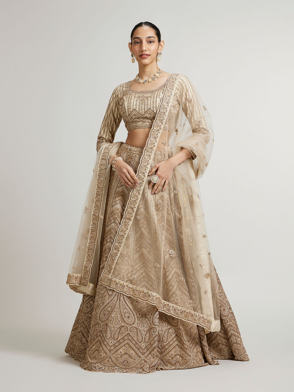 Mohey Women Sand Beige Paisley & Chevron Patterned Bridal Lehenga with Sequin Work image number 0