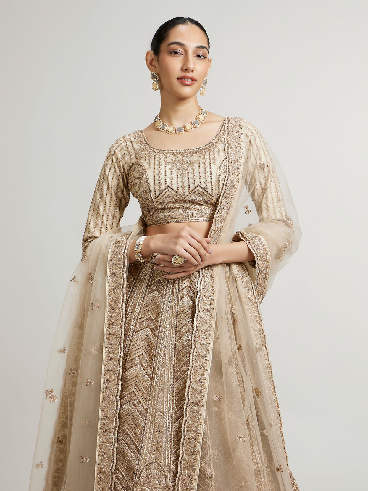 Mohey Women Sand Beige Paisley And Chevron Patterned Lehenga with Sequin Work