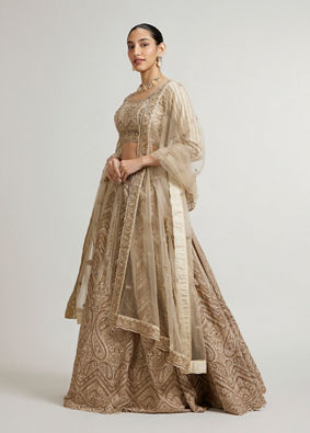 Mohey Women Sand Beige Paisley & Chevron Patterned Bridal Lehenga with Sequin Work image number 2