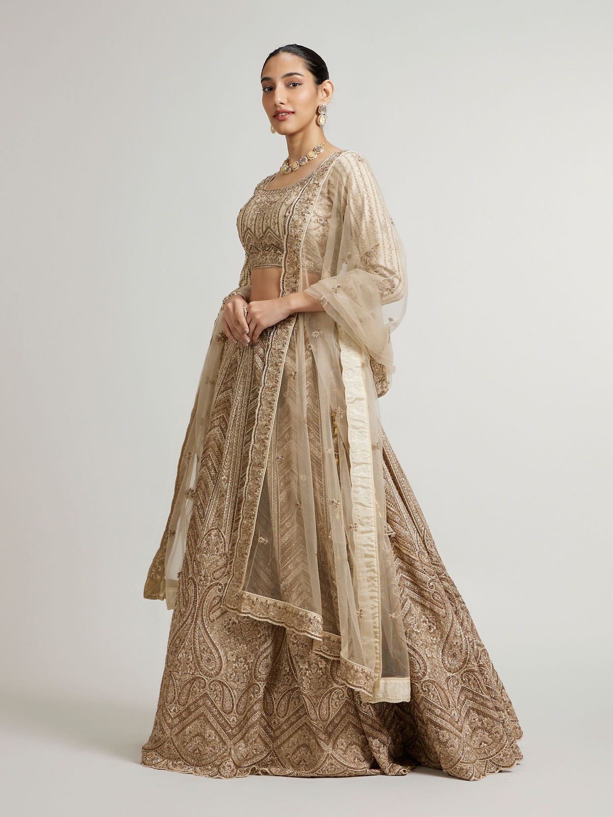 Mohey Women Sand Beige Paisley And Chevron Patterned Lehenga with Sequin Work