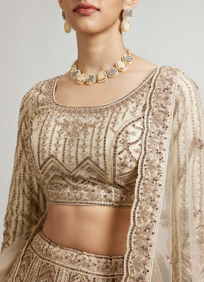 Mohey Women Sand Beige Paisley And Chevron Patterned Lehenga with Sequin Work