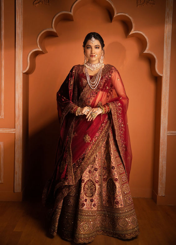 Mohey Women Elegant Fawn Art Silk Crop Top Bridal Lehenga with Stone Work and Jaal Border