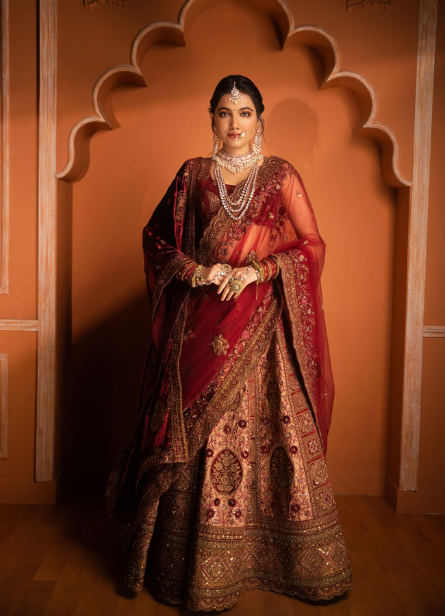 Mohey Women Elegant Fawn Crop Top Bridal Lehenga with Stone Work and Jaal Border