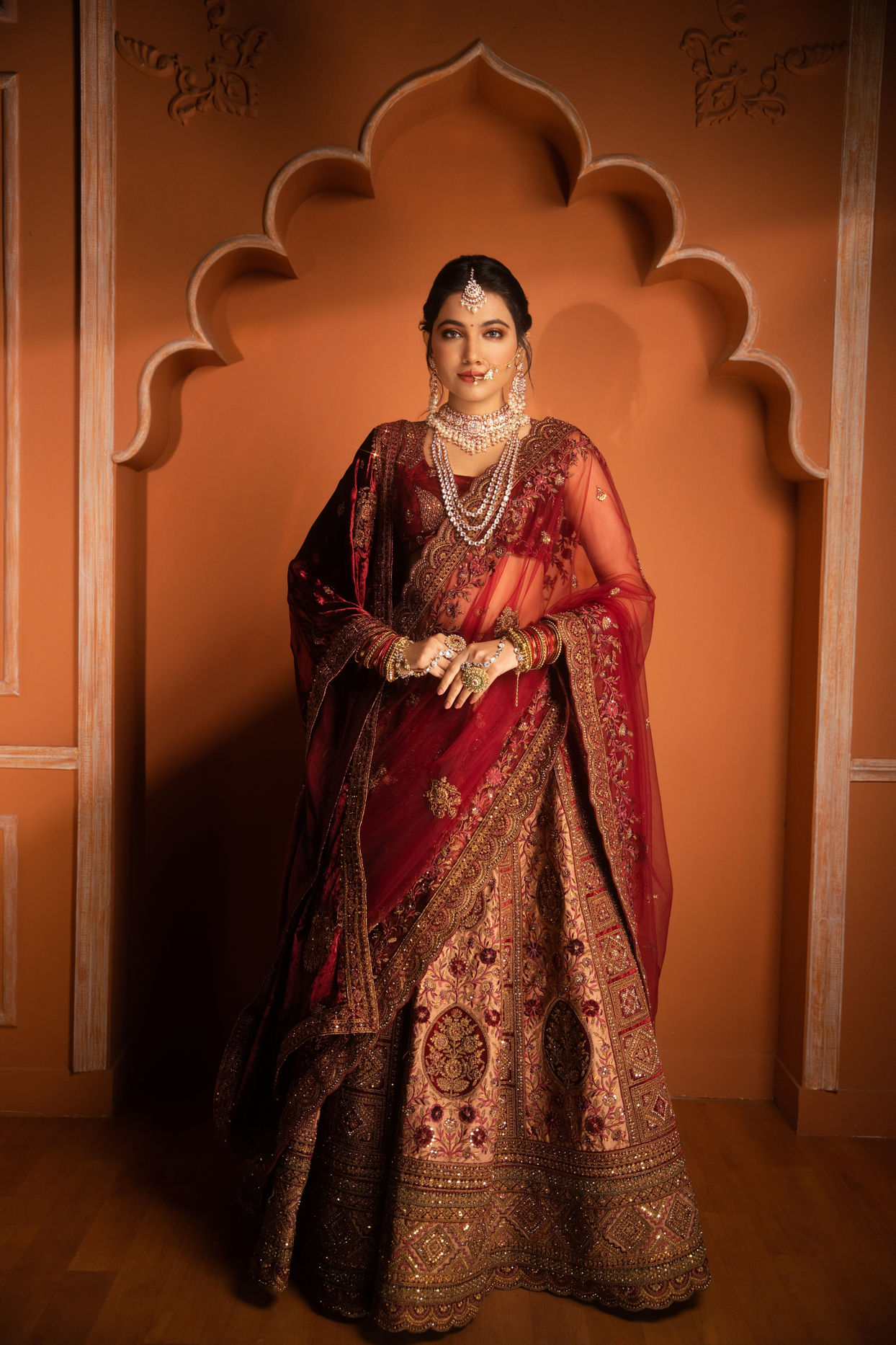 Mohey Women Elegant Fawn Crop Top Bridal Lehenga with Stone Work and Jaal Border
