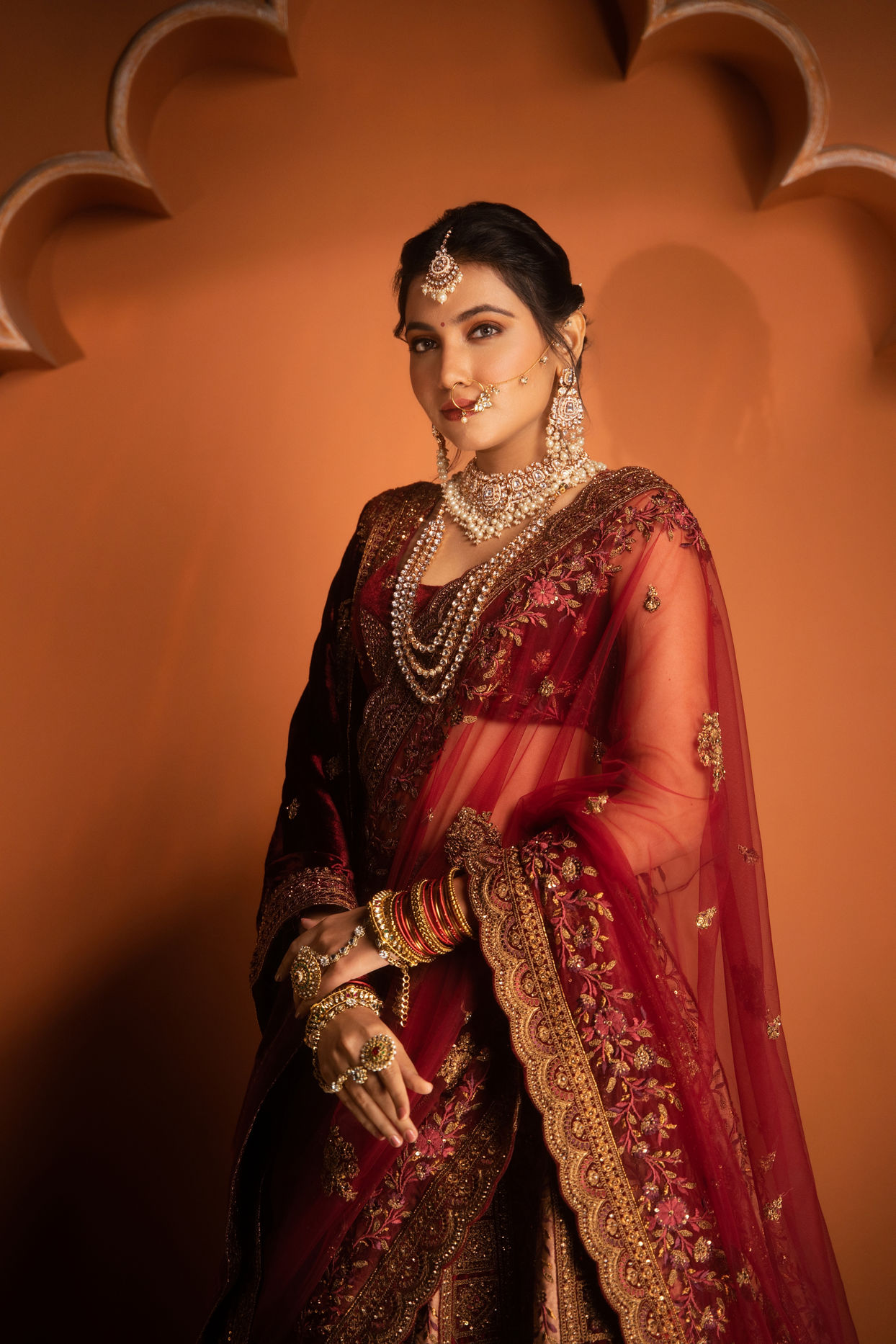 Mohey Women Elegant Fawn Crop Top Bridal Lehenga with Stone Work and Jaal Border