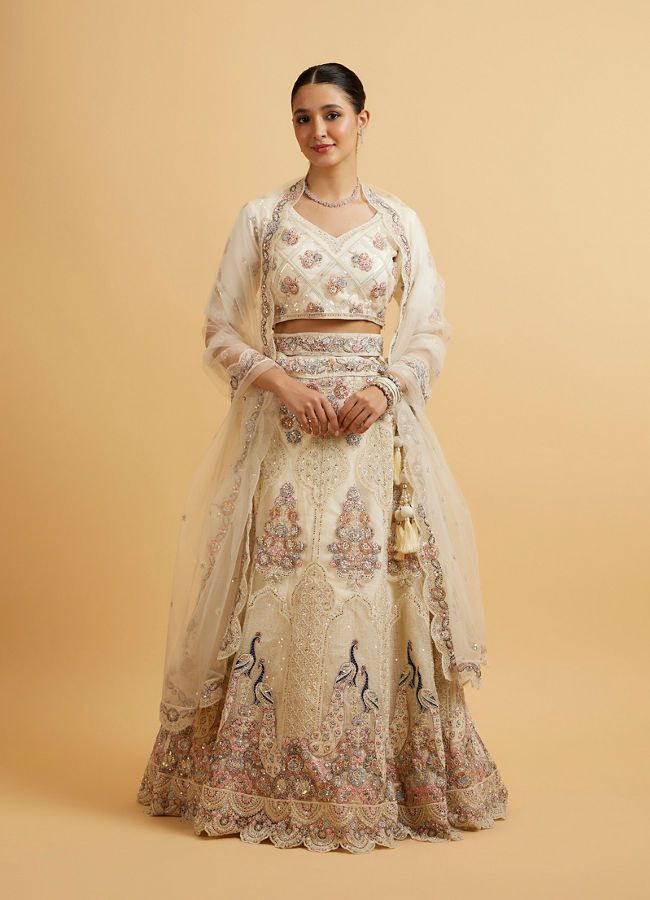 Mohey Women Beige Cream Sitara Embroidered Bridal Lehenga