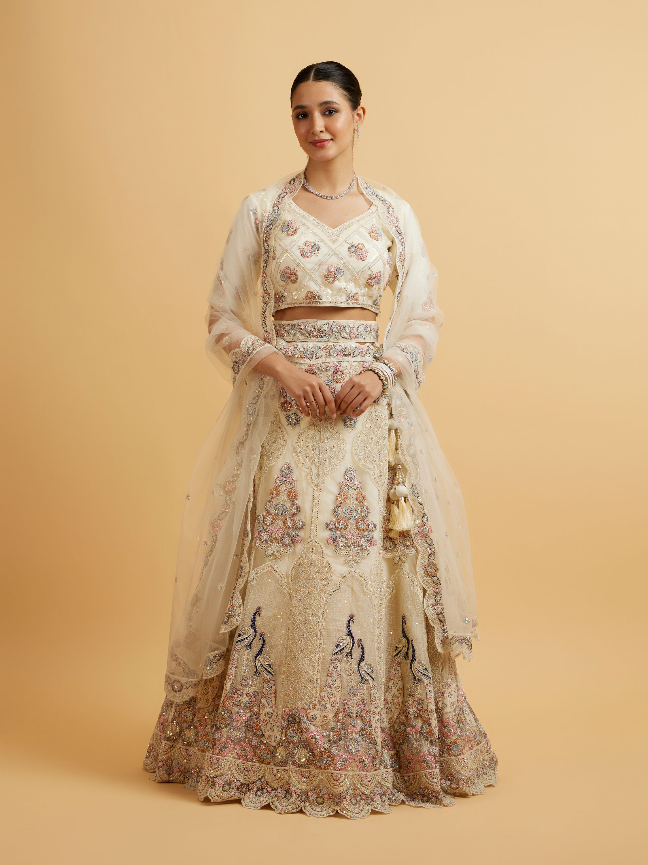 Mohey Women Beige Cream Sitara Embroidered Bridal Lehenga