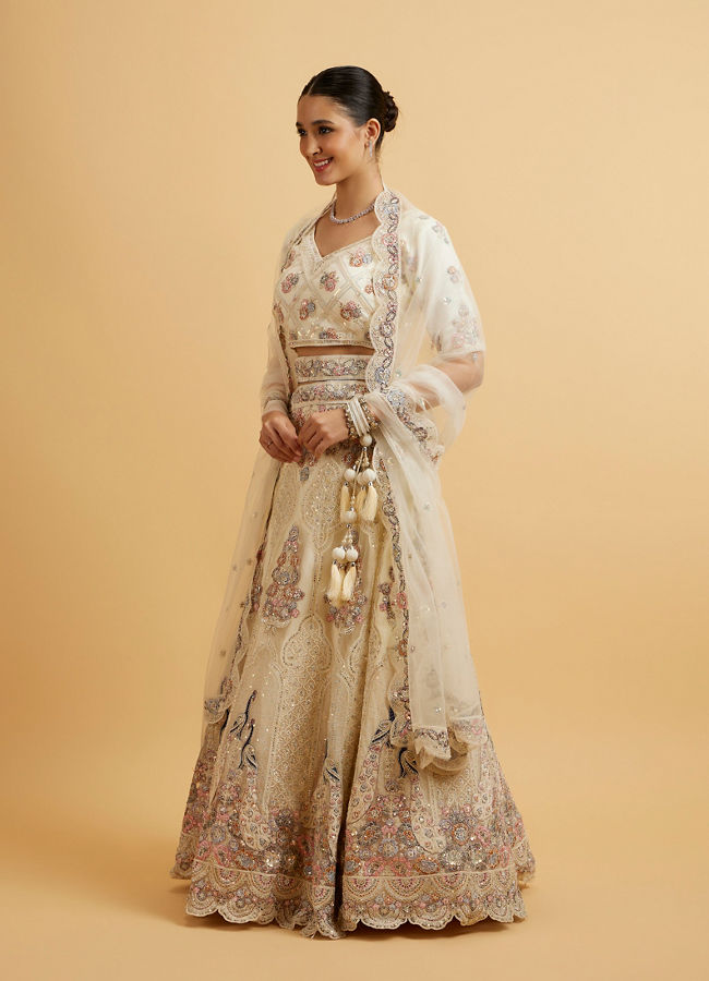 Mohey Women Beige Cream Sitara Embroidered Bridal Lehenga