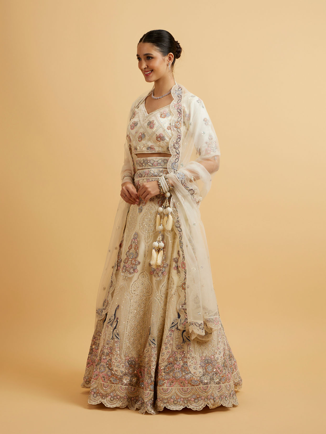 Mohey Women Beige Cream Sitara Embroidered Bridal Lehenga