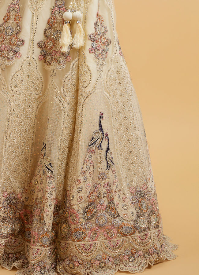 Mohey Women Beige Cream Sitara Embroidered Bridal Lehenga