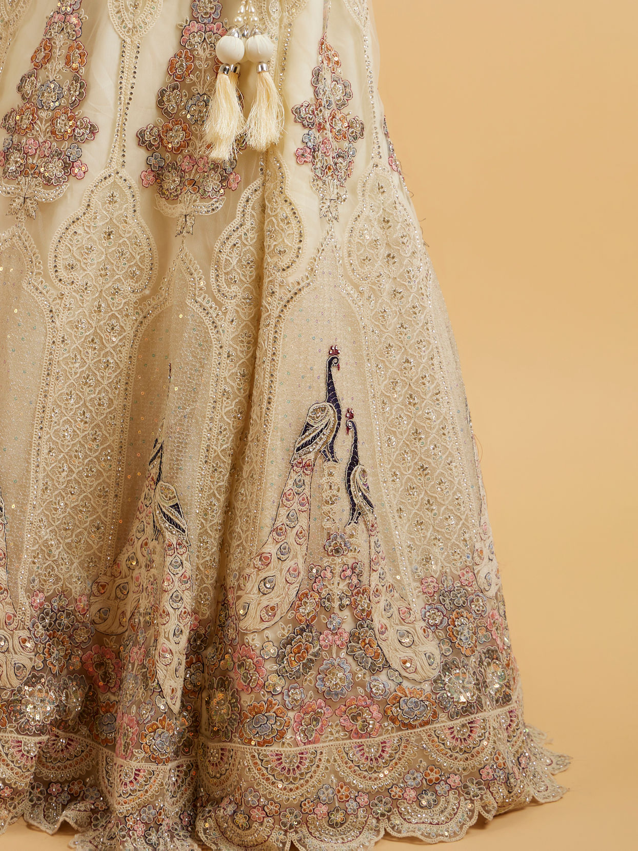 Mohey Women Beige Cream Sitara Embroidered Bridal Lehenga