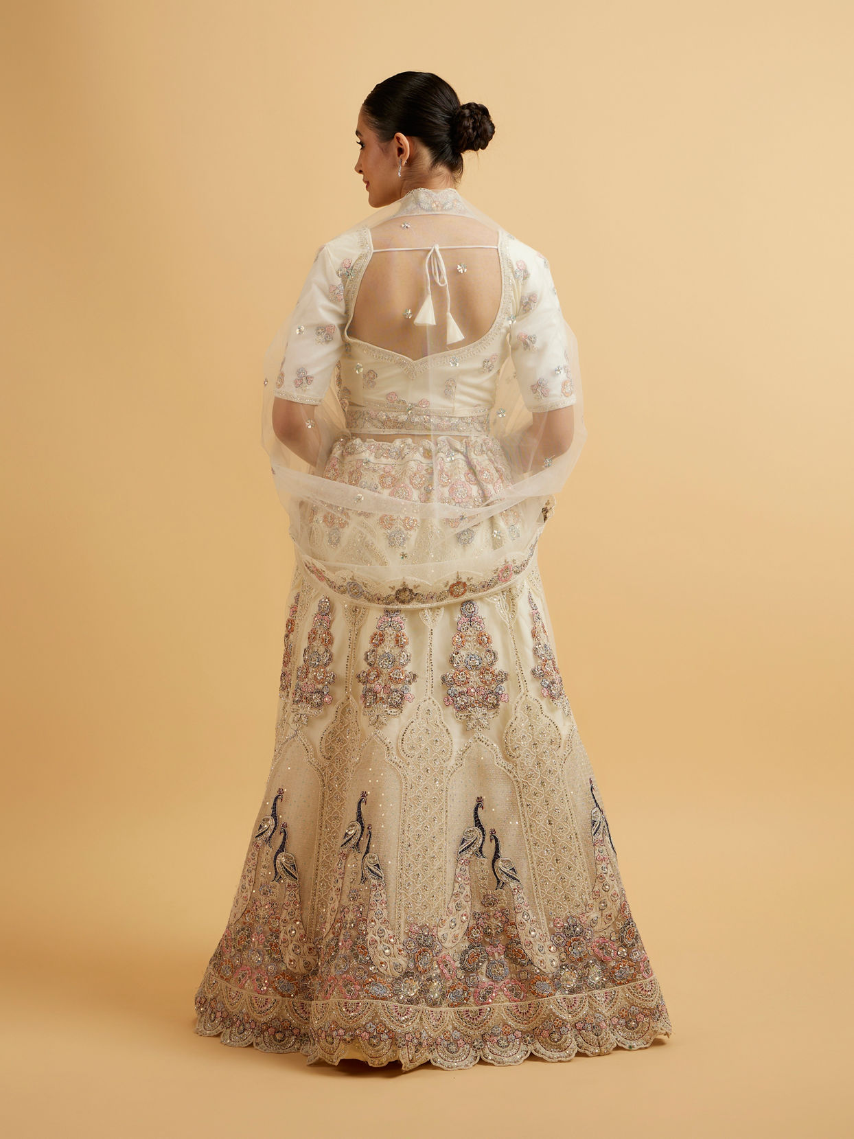 Mohey Women Beige Cream Sitara Embroidered Bridal Lehenga