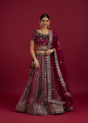 Mohey Women Radiant Wine Velvet Lehenga image number 0