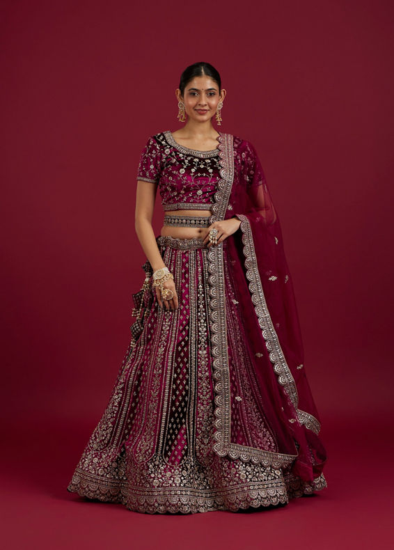 Mohey Women Radiant Wine Velvet Lehenga