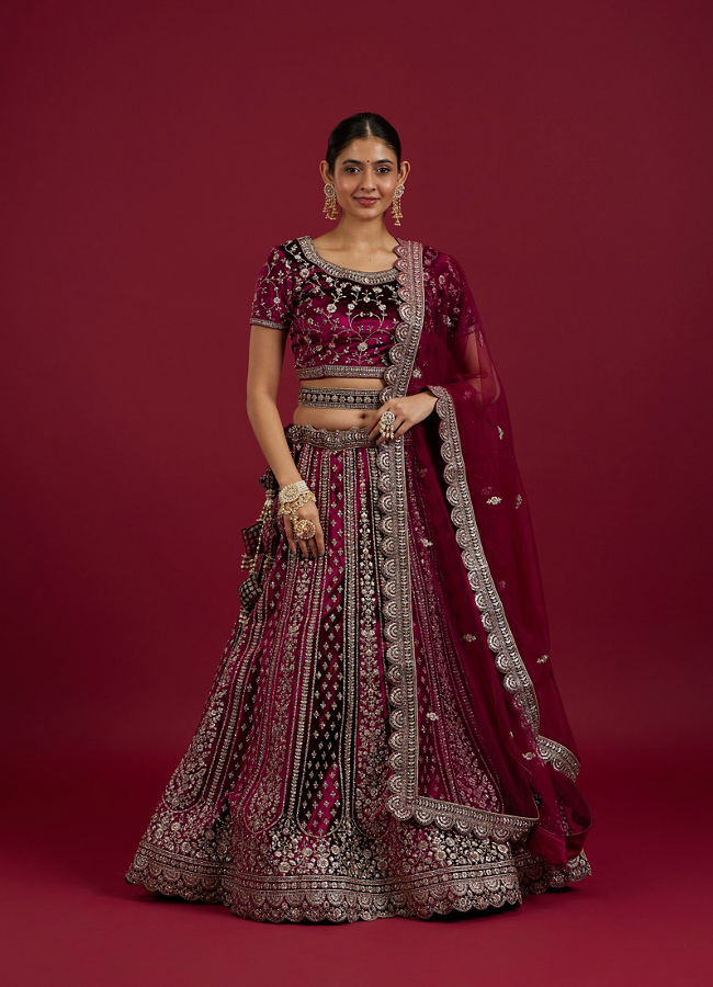 Mohey Women Radiant Wine Velvet Lehenga