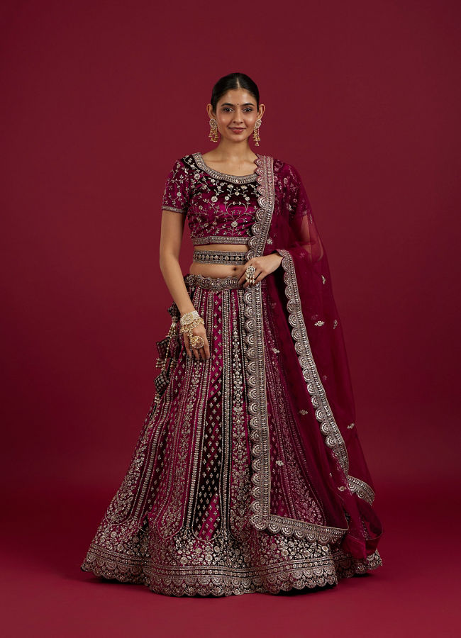 Mohey Women Radiant Wine Velvet Lehenga image number 0