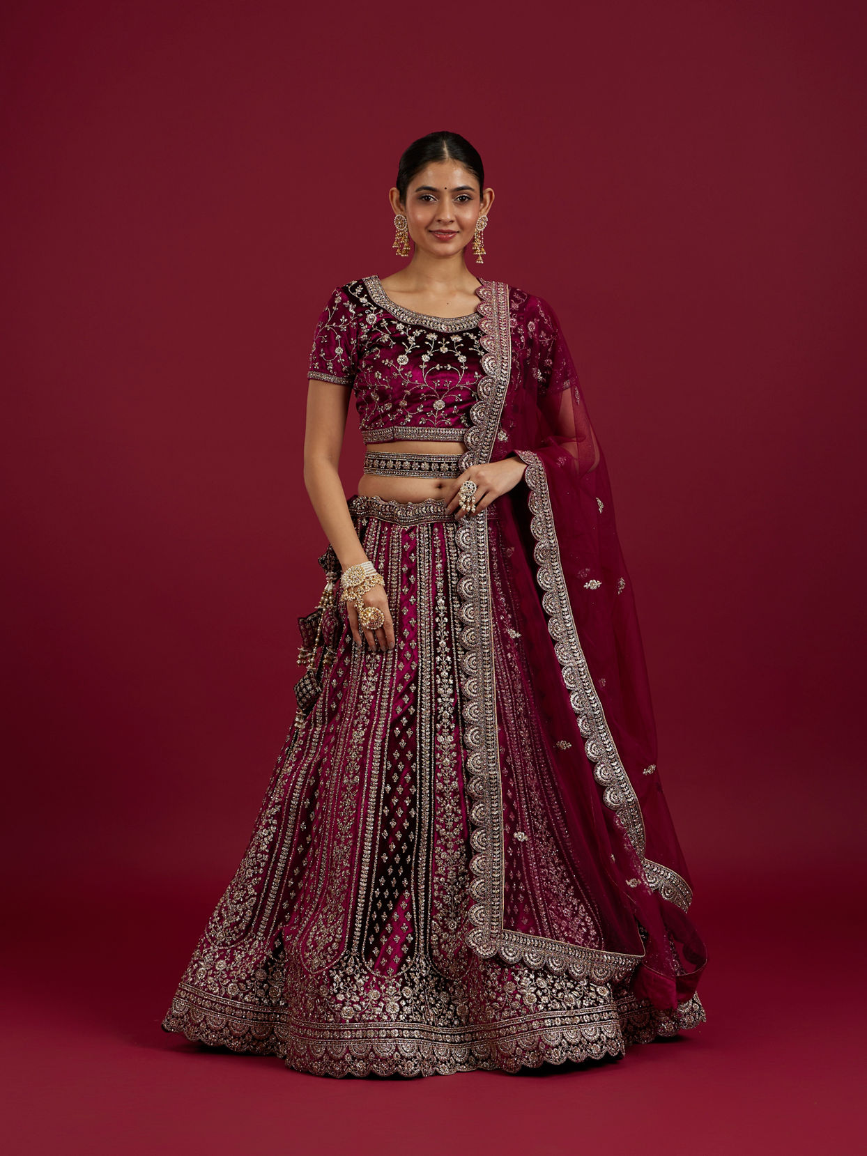 Mohey Women Radiant Wine Velvet Lehenga