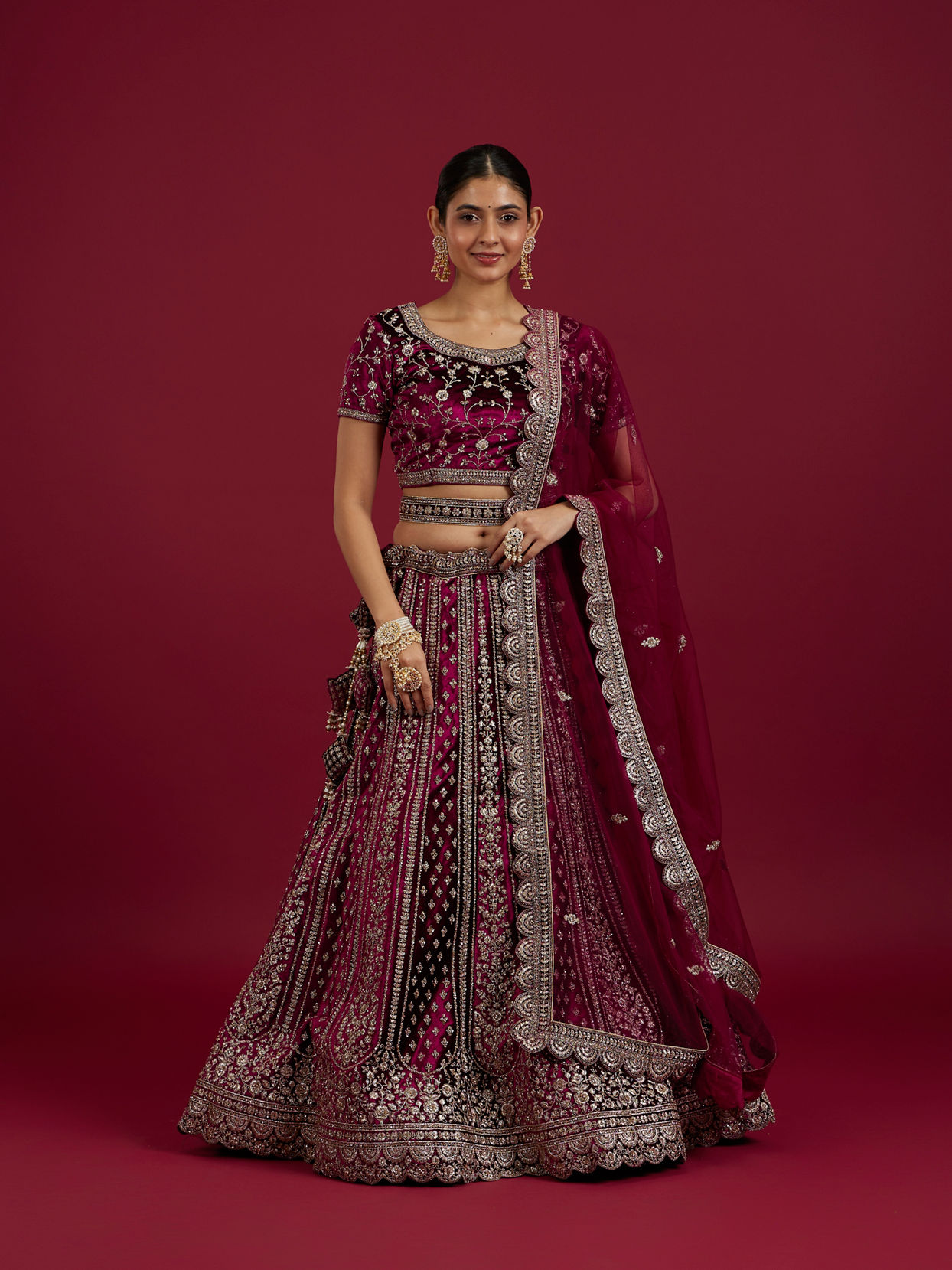 Mohey Women Radiant Wine Velvet Lehenga image number 0