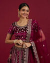 Mohey Women Radiant Wine Velvet Lehenga image number 1