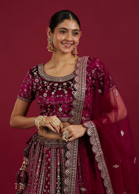 Mohey Women Radiant Wine Velvet Lehenga image number 1