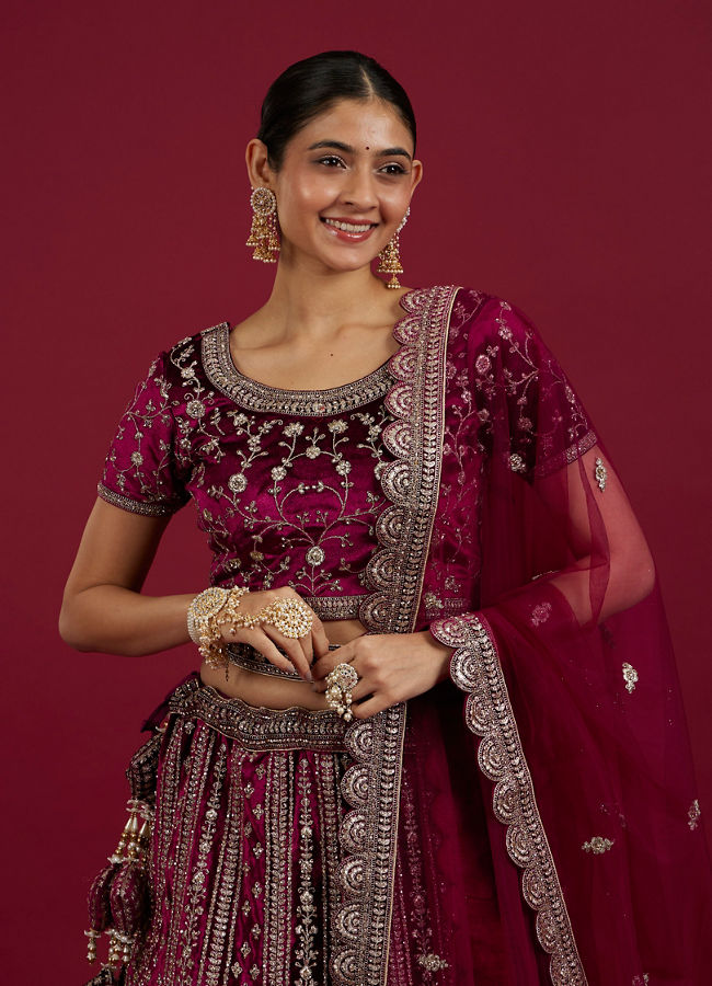 Mohey Women Radiant Wine Velvet Lehenga