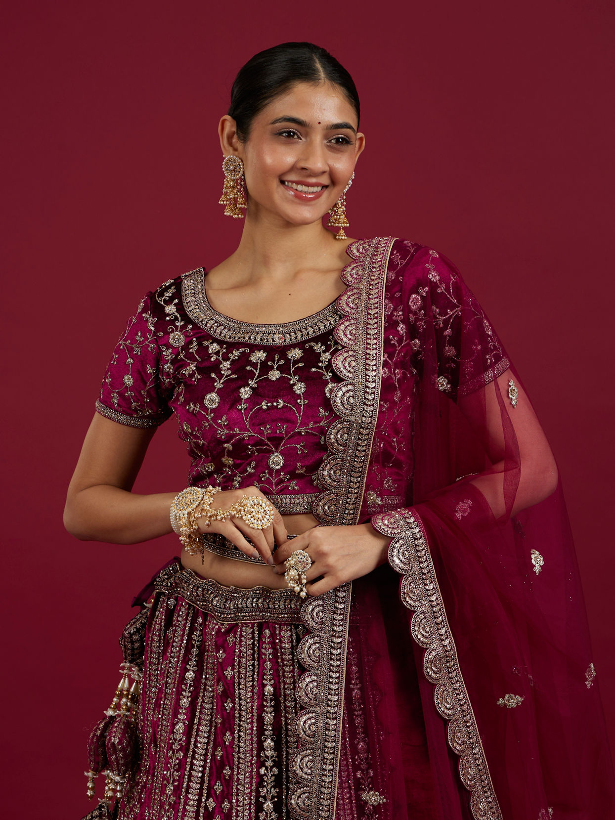 Mohey Women Radiant Wine Velvet Lehenga image number 1