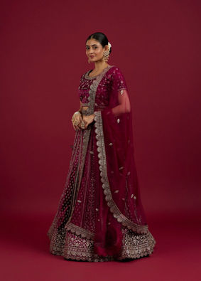 Mohey Women Radiant Wine Velvet Lehenga image number 2