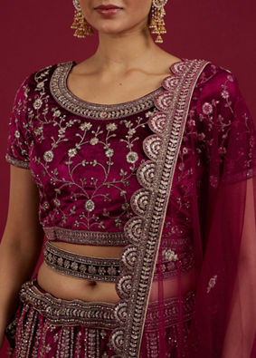 Mohey Women Radiant Wine Velvet Lehenga image number 3