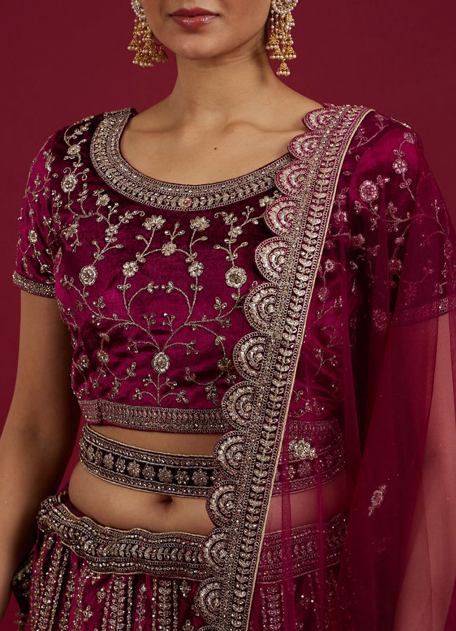 Mohey Women Radiant Wine Velvet Lehenga