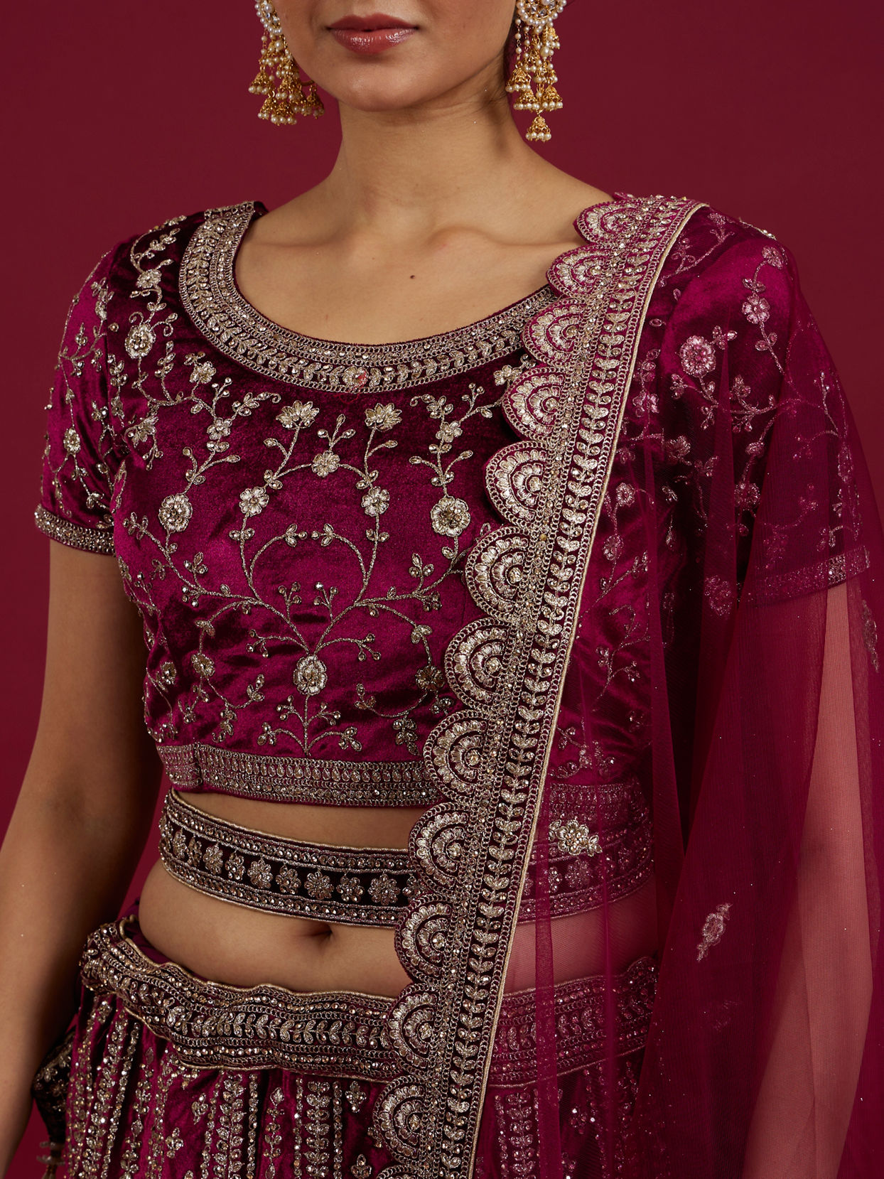 Mohey Women Radiant Wine Velvet Lehenga