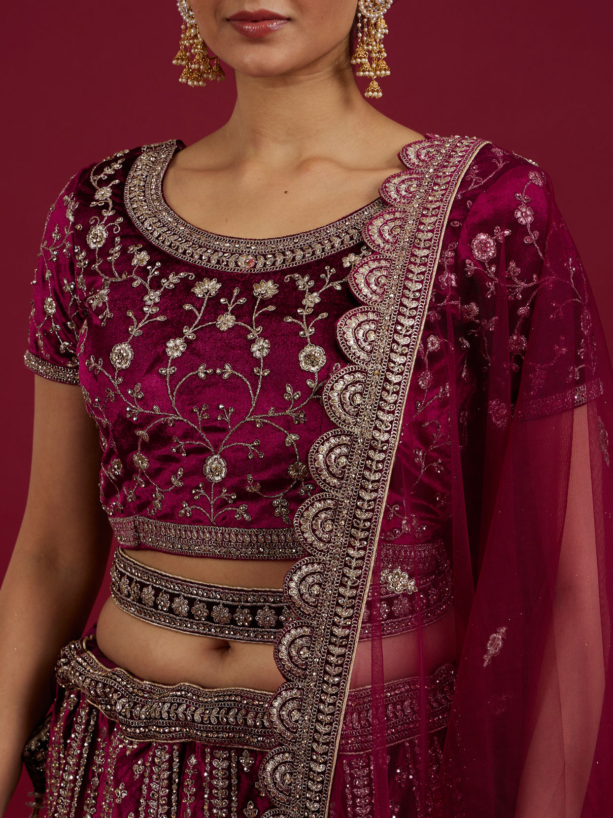 Mohey Women Radiant Wine Velvet Lehenga image number 3