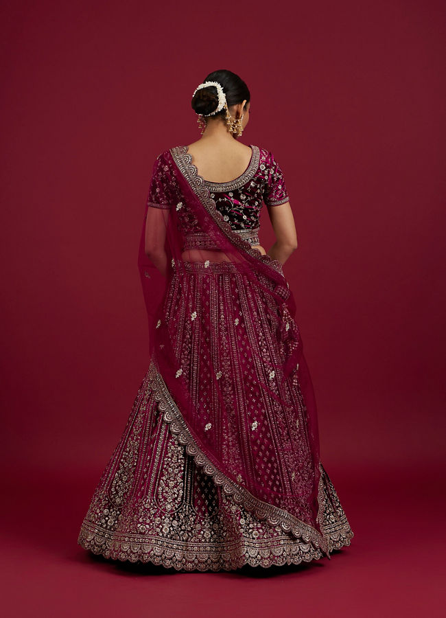 Mohey Women Radiant Wine Velvet Lehenga image number 5