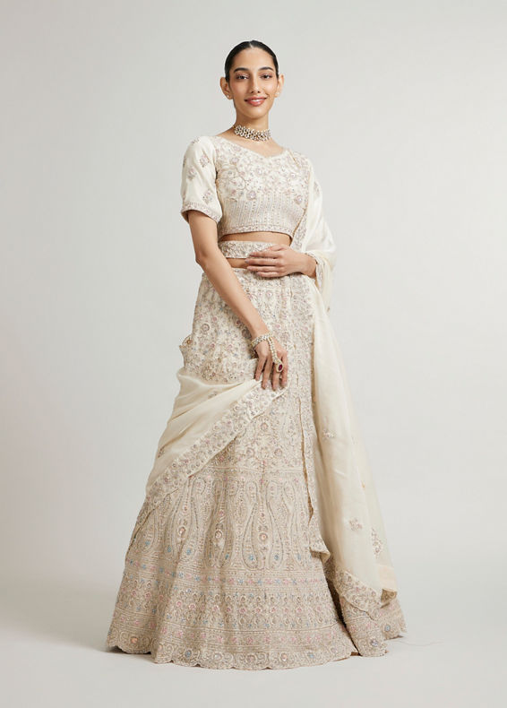 Mohey Women Cream White Paisley and Bel Buti Patterned Lehenga