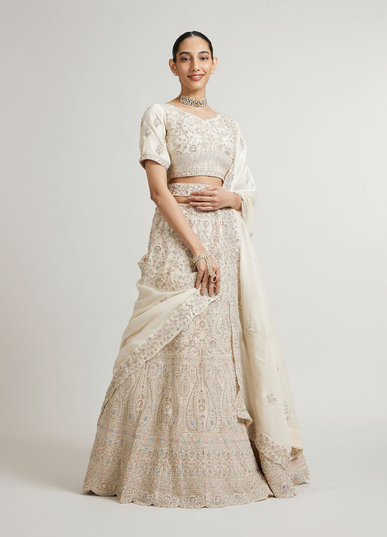 Mohey Women Cream White Paisley Lehenga with Sequin Work And Scalloped Hem