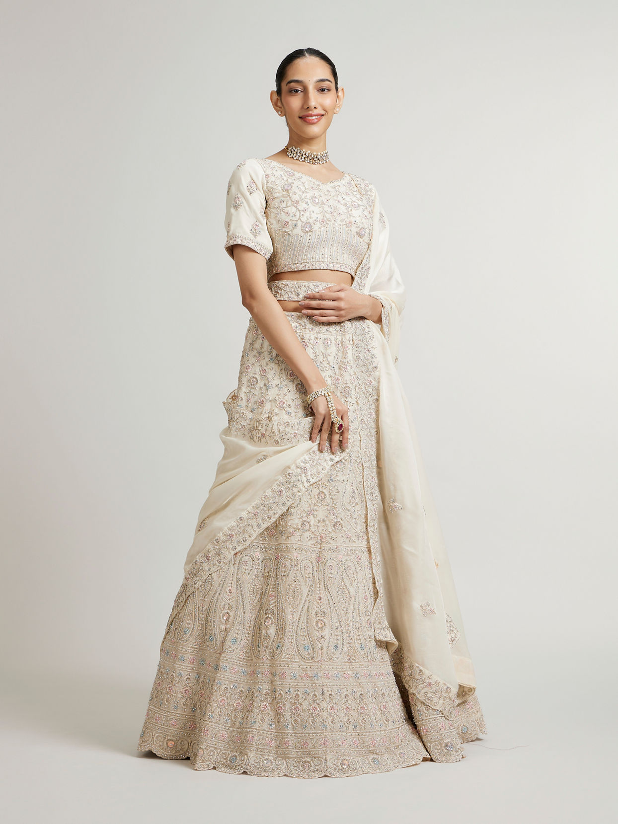 Mohey Women Cream White Paisley & Bel Buti Patterned Bridal Lehenga with Sequin Work & Scalloped Hem image number 0