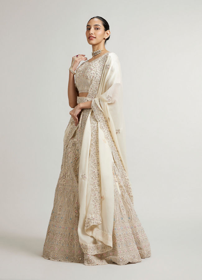 Mohey Women Cream White Paisley & Bel Buti Patterned Bridal Lehenga with Sequin Work & Scalloped Hem image number 2