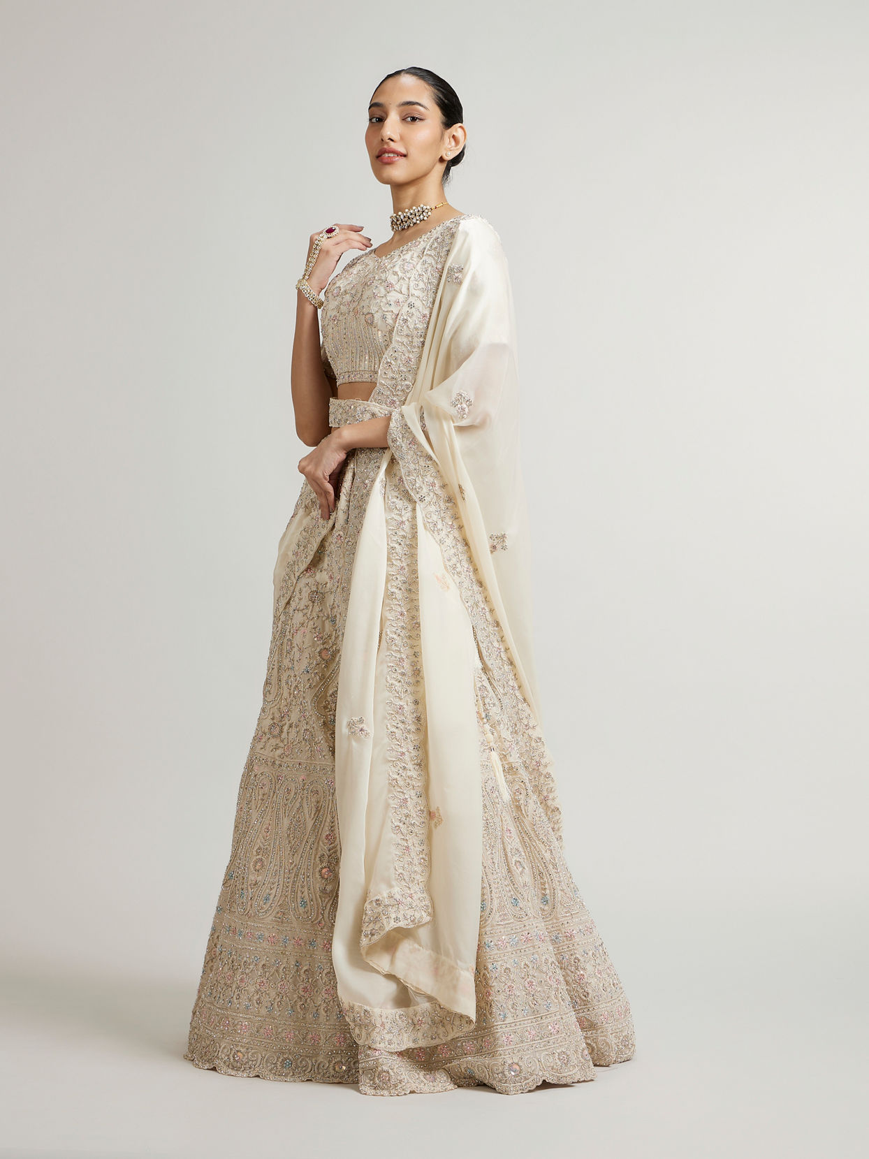 Mohey Women Cream White Paisley & Bel Buti Patterned Bridal Lehenga with Sequin Work & Scalloped Hem image number 2