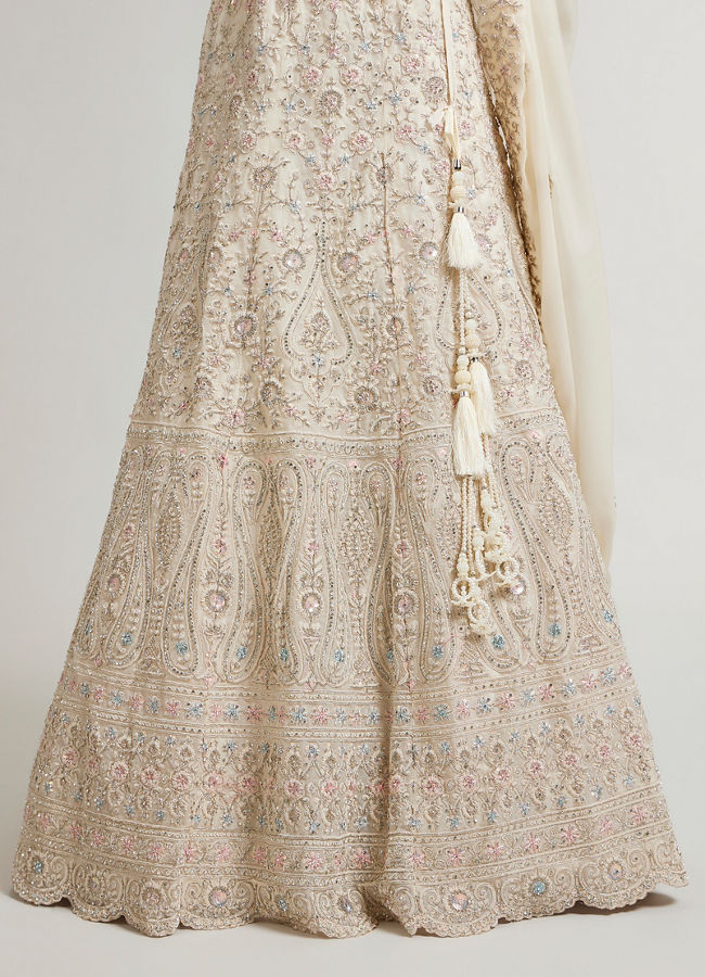 Mohey Women Cream White Paisley Lehenga with Sequin Work And Scalloped Hem