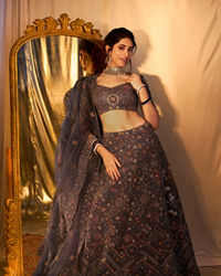 Mohey Women Glamorous Dark Grey Net Crop Top Bridal Lehenga