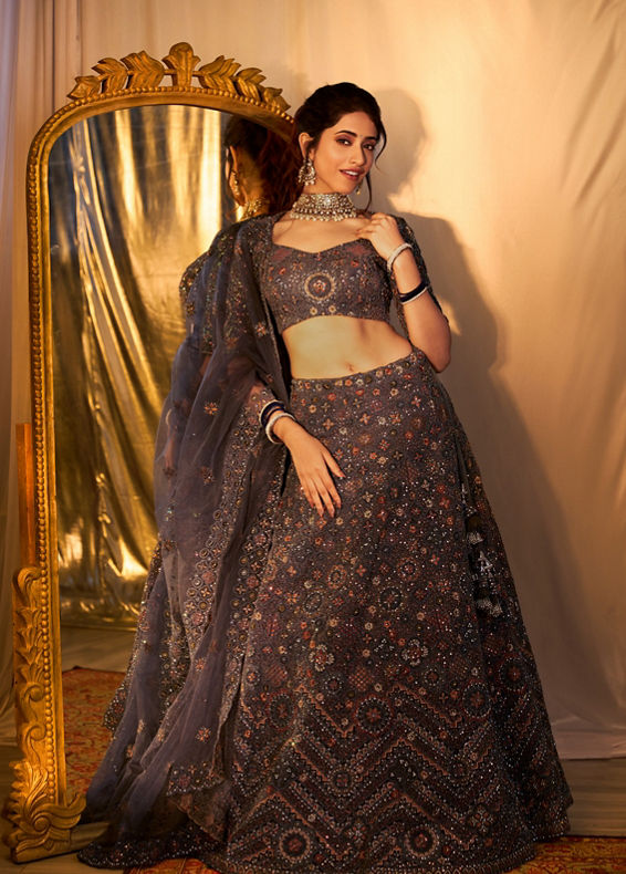 Mohey Women Glamorous Dark Grey Net Crop Top Bridal Lehenga