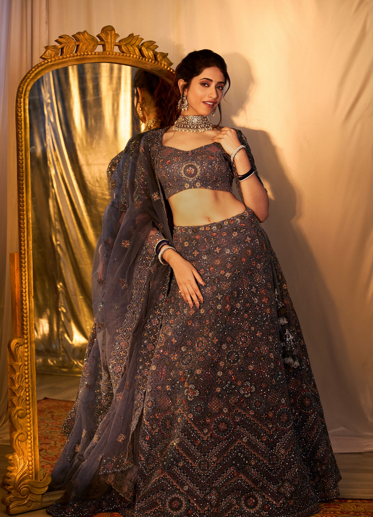 Mohey Women Glamorous Dark Grey Net Crop Top Bridal Lehenga