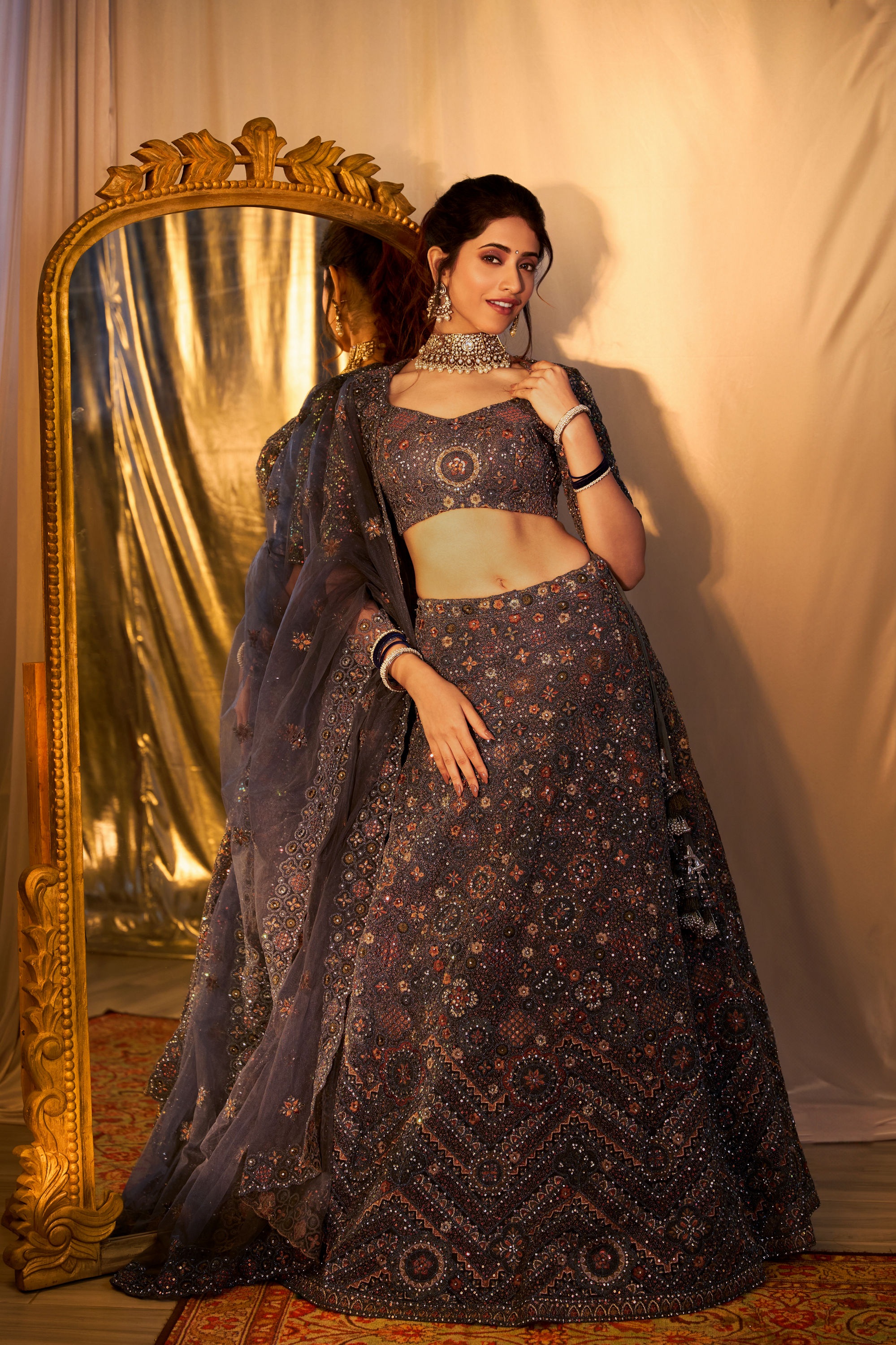 Mohey Women Glamorous Dark Grey Net Crop Top Bridal Lehenga