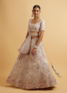 Mohey Women Ivory Cream Floral Stone Embellished Lehenga