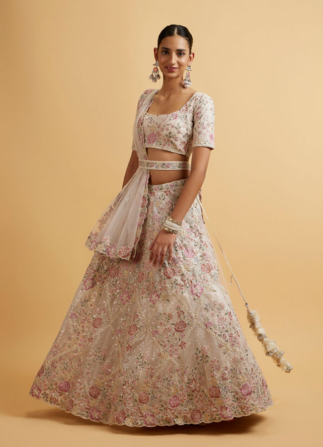 alt message - Mohey Women Ivory Cream Floral Stone Embellished Lehenga image number 1