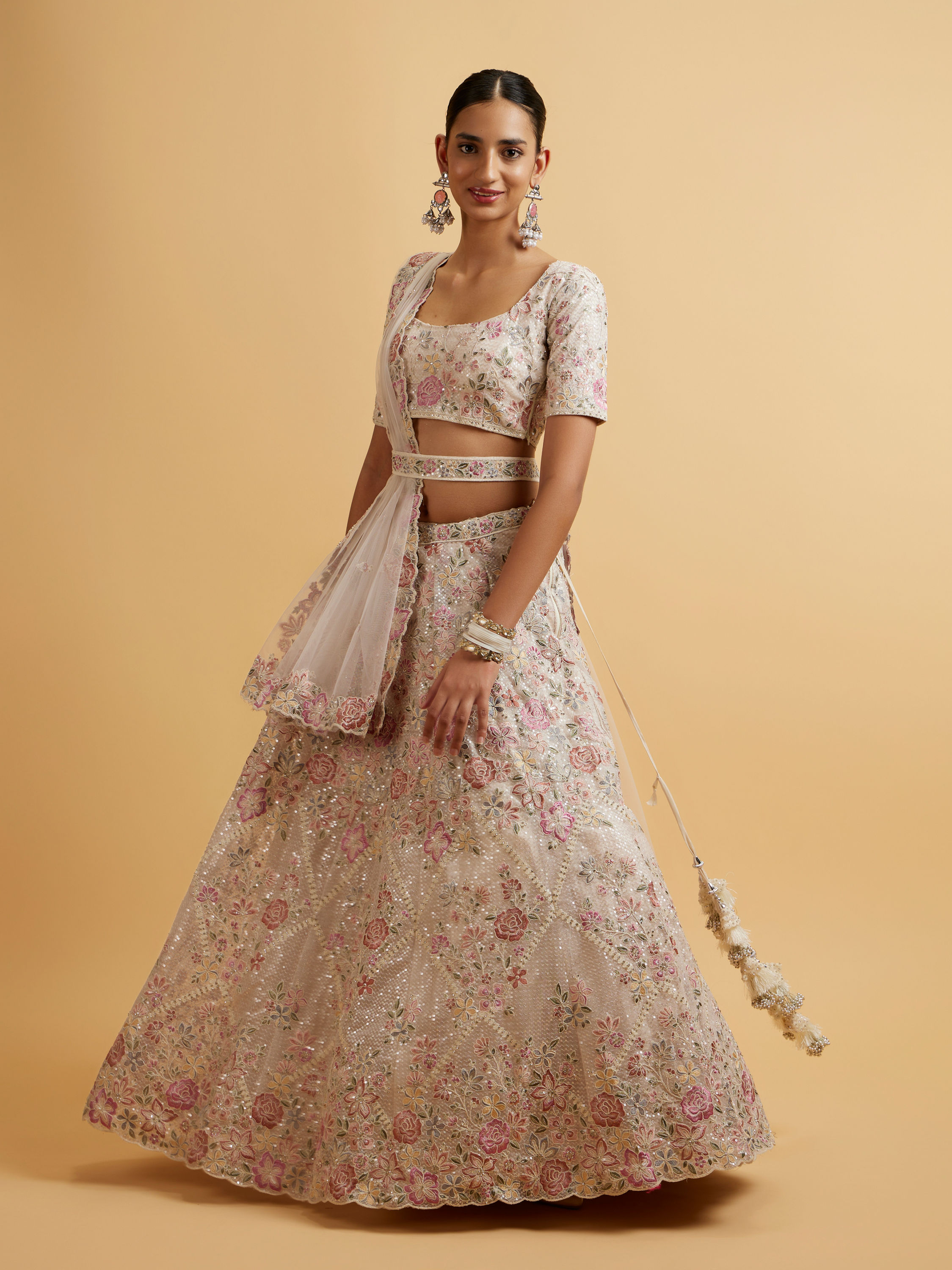 Mohey Women Ivory Cream Floral Stone Embellished Lehenga