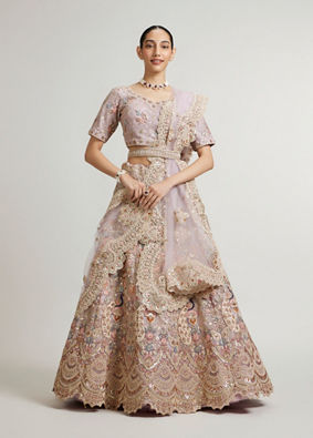 Mohey Women Mauve Purple Floral Lehenga with Peacock Motifs And Aari Embroidery